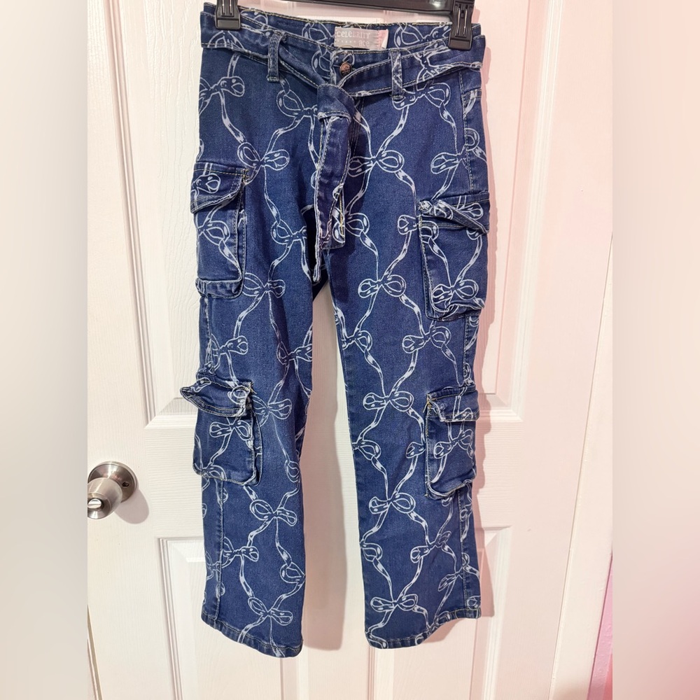 Blue Cargo Pants with White bow Pattern